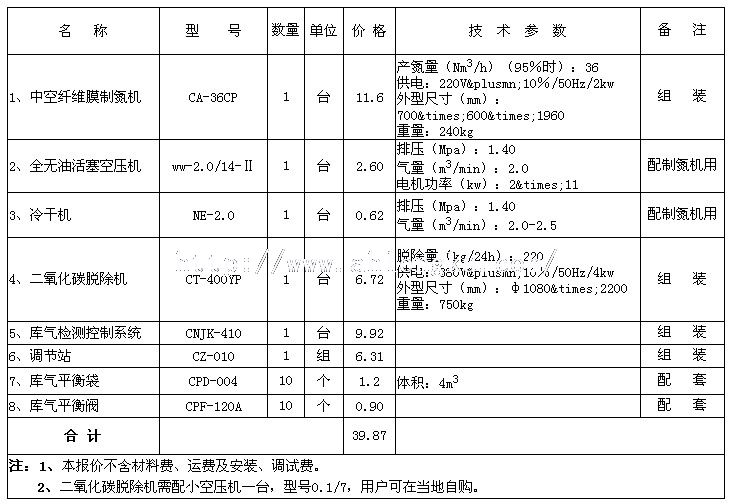 1000T气调冷库气调设备报价单